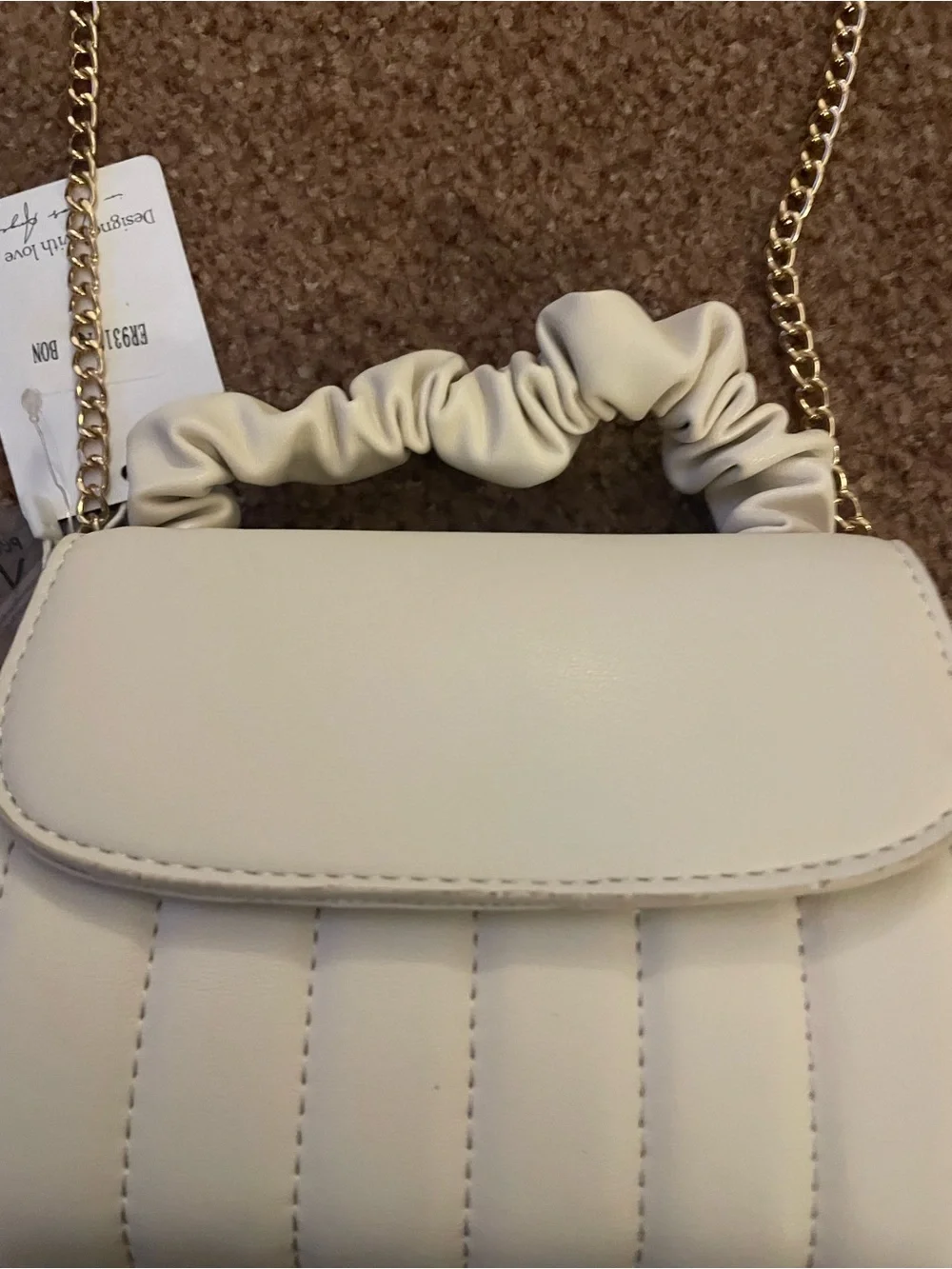 Cream Quilted Crossbody Bag with Gold Chain and Ruched Top Handle